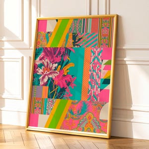 May include: A framed art print featuring a vibrant patchwork design. The artwork showcases a collage of floral and geometric patterns in shades of pink, teal, green, and yellow. The gold frame adds a touch of elegance to the colorful composition.