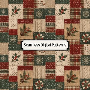 Può includere: Un motivo digitale senza cuciture con un design patchwork di quadrati rossi, verdi e beige. I quadrati mostrano motivi natalizi tra cui bacche di agrifoglio, pigne, fiocchi di neve e texture a maglia. Il testo Seamless Digital Patterns è centrato.
