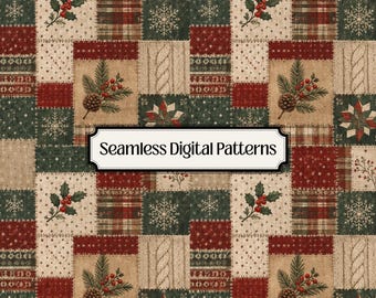 Winter Patchwork Seamless Pattern, Quilt Digital Paper, Rustic Nordic Fabric Design, Holiday Scrapbook Background PNG