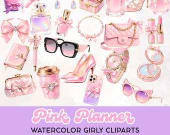 Pink Planner Clipart Bundle: 23 Watercolor Girly PNGs, Digital Download for Sublimation, Scrapbooking & Journal Stickers