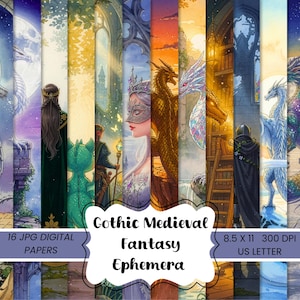 May include: A collection of 16 digital JPG papers with a Gothic Medieval Fantasy theme. The artwork features dragons, castles, and figures in a variety of colors. The papers are sized at 8.5 x 11 inches and 300 DPI. The text on the image says "Gothic Medieval Fantasy Ephemera".