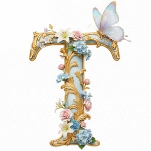 May include: A decorative letter "T" with a light blue background and gold filigree. The letter is adorned with pink, white, and blue flowers, and a light blue butterfly rests on the top right. The design is ornate and floral.