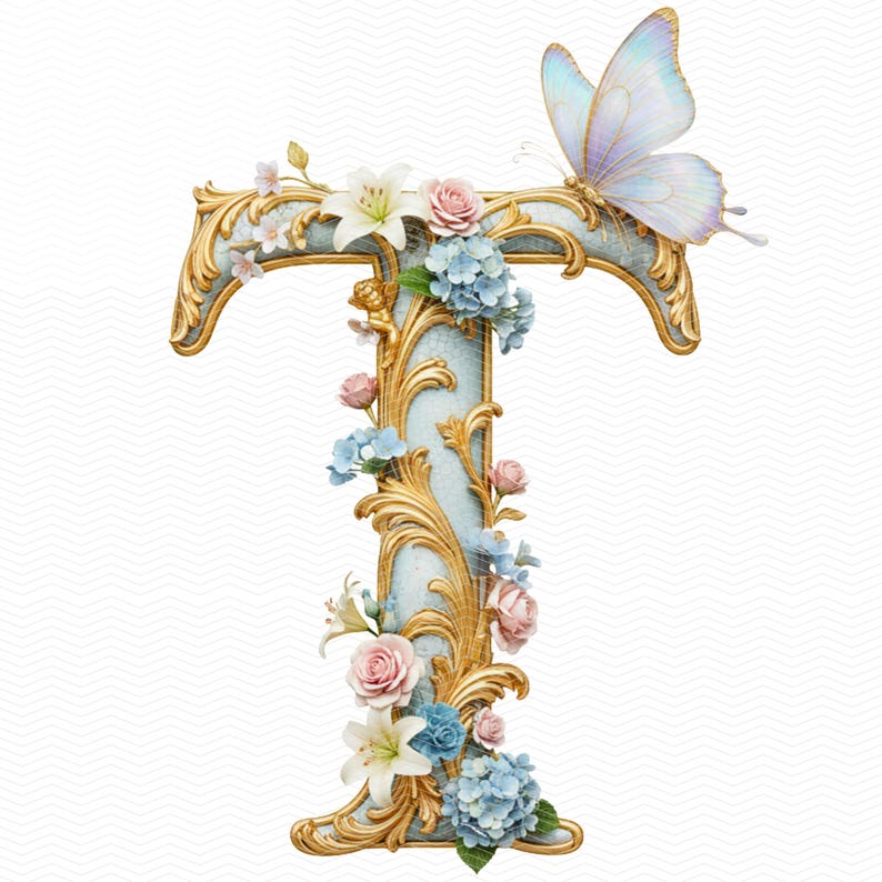 May include: A decorative letter "T" with a light blue background and gold filigree. The letter is adorned with pink, white, and blue flowers, and a light blue butterfly rests on the top right. The design is ornate and floral.