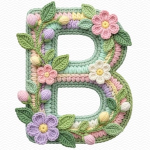 May include: A crocheted letter "B" in pastel shades, decorated with floral and leaf details. The letter is mainly mint green, with pink, yellow, and lavender highlights. The flowers are pink, white, and purple with yellow centres, and the leaves are green.