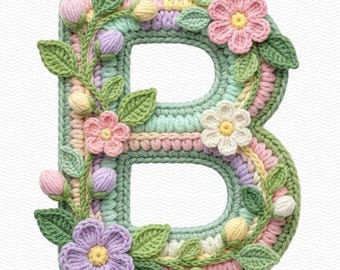 Spring Bloom Crochet Alphabet PNG, Yarn Letters & Numbers 0-9, Floral Botanical, Faux Knit Font