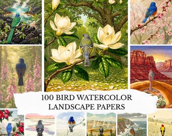 Bird Watercolor Landscape Junk Journal Kit, 100 Pages Printable Scrapbooking Papers, Nature Ephemera, Cottagecore Vintage Aesthetic