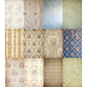 Puede incluir: Un collage de muestras de papel pintado vintage. Las muestras presentan varios dise&ntilde;os, incluyendo dise&ntilde;os florales, damasco y superficies texturizadas. Los colores var&iacute;an desde pasteles suaves hasta tonos tierra apagados, algunos mostrando signos de edad y desgaste.