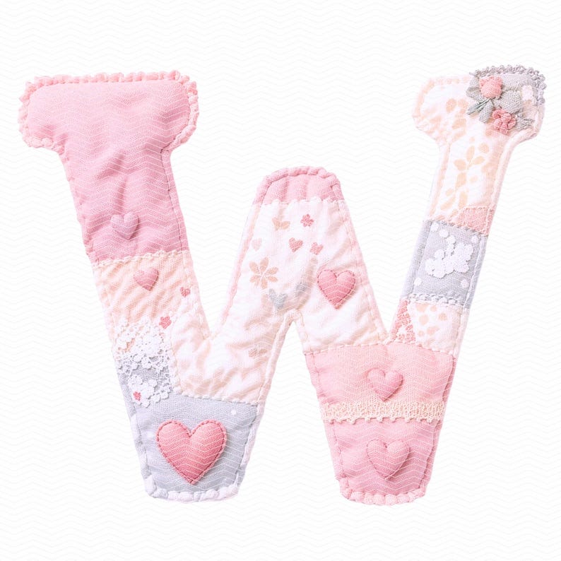 Patchwork Shabby Chic Alphabet PNG: Gesteppte Stoffbuchstaben A-Z, kokette rosa Blumenbuchstaben für Scrapbooking, Junk Journal Bild 11