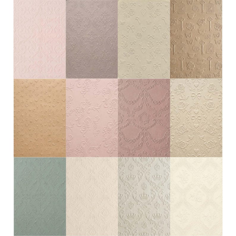 May include: A grid of twelve patterned papers in various colors. The patterns include floral, heart, key, and crown designs. Colors range from light pink and beige to brown and green. The papers have a textured, embossed appearance.
