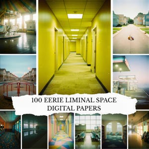 100 kusliga digitala papper med liminal rymd, Weirdcore Dreamcore scrapbook-papper, skräpjournalsidor för bakrum, läskiga retro-collageark