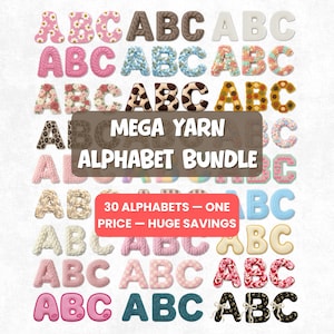 Megagarenalfabetbundel: 30 garenlettersets transparant png, haaknaald en imitatielettertypen