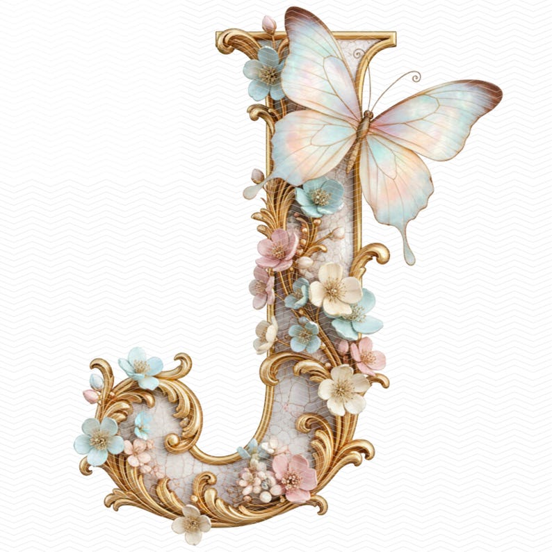 May include: A decorative letter "J" with a gold filigree frame, adorned with pastel-colored flowers and a large butterfly. The letter has a cracked, off-white background, and the butterfly has delicate, iridescent wings.