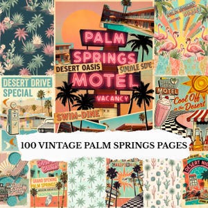 100 Vintage Retro Palm Springs Digital Papers: Mid Century Modern Collage, 1950s Junk Journal Scrapbook Printable Backgrounds