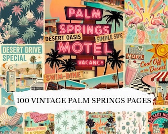 100 Vintage Retro Palm Springs Digital Papers: Mid Century Modern Collage, 1950s Junk Journal Scrapbook Printable Backgrounds