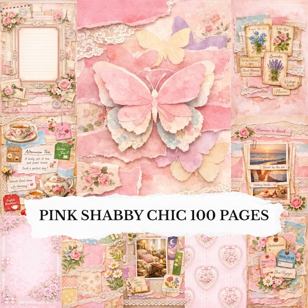 Shabby Chic Scrapbook Papers, 100 JPG Pages Junk Journal Kit, Vintage Floral Collage Backgrounds, Printable Ephemera, 2:3 Ratio
