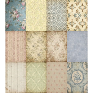 Puede incluir: Un collage de doce papeles estampados de estilo vintage. Los papeles presentan dise&ntilde;os florales, geom&eacute;tricos y texturizados en varios colores, incluyendo azul, rosa, amarillo y marr&oacute;n. Algunos papeles tienen un aspecto envejecido y desgastado.