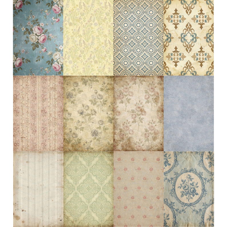 Puede incluir: Un collage de doce papeles estampados de estilo vintage. Los papeles presentan dise&ntilde;os florales, geom&eacute;tricos y texturizados en varios colores, incluyendo azul, rosa, amarillo y marr&oacute;n. Algunos papeles tienen un aspecto envejecido y desgastado.