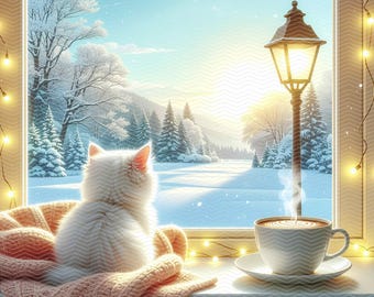 Cozy Winter Cat Clipart Set: 12 Photorealistic Illustrations of Kittens by the Window, Cozy Home Coffee Art, Cat Lover Wall Art