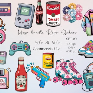 May include: A collection of retro-themed stickers featuring a Game Boy, Coca-Cola bottle, Campbell's tomato soup can, and a cassette tape. Other items include a camera, roller skates, and a water gun. The text reads "Mega bundle Retro Stickers 50's & 90's".