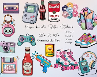 1950er & 90er Retro Stickers Mega Bundle, 40 transparente PNGs für Scrapbooking, Planer, DIY Handwerk und Vintage Dekor, digitaler Download
