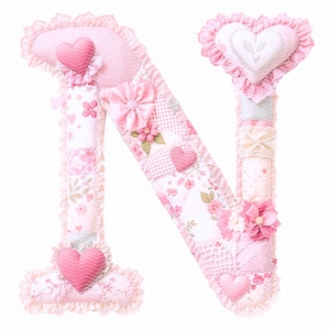 Alfabeto patchwork shabby chic PNG: Letras de tela acolchadas de la A a la Z, letras florales rosa coquetas para scrapbooking y diario basura.