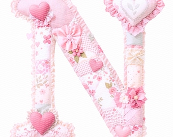 Patchwork Shabby Chic Alphabet PNG: Quilted Fabric Letters A-Z, Coquette Pink Floral Letters For Scrapbooking, Junk Journal