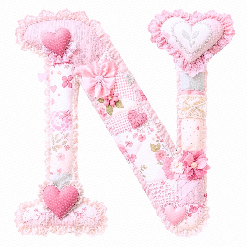 Patchwork Shabby Chic Alphabet PNG: Gesteppte Stoffbuchstaben A-Z, kokette rosa Blumenbuchstaben für Scrapbooking, Junk Journal Bild 1