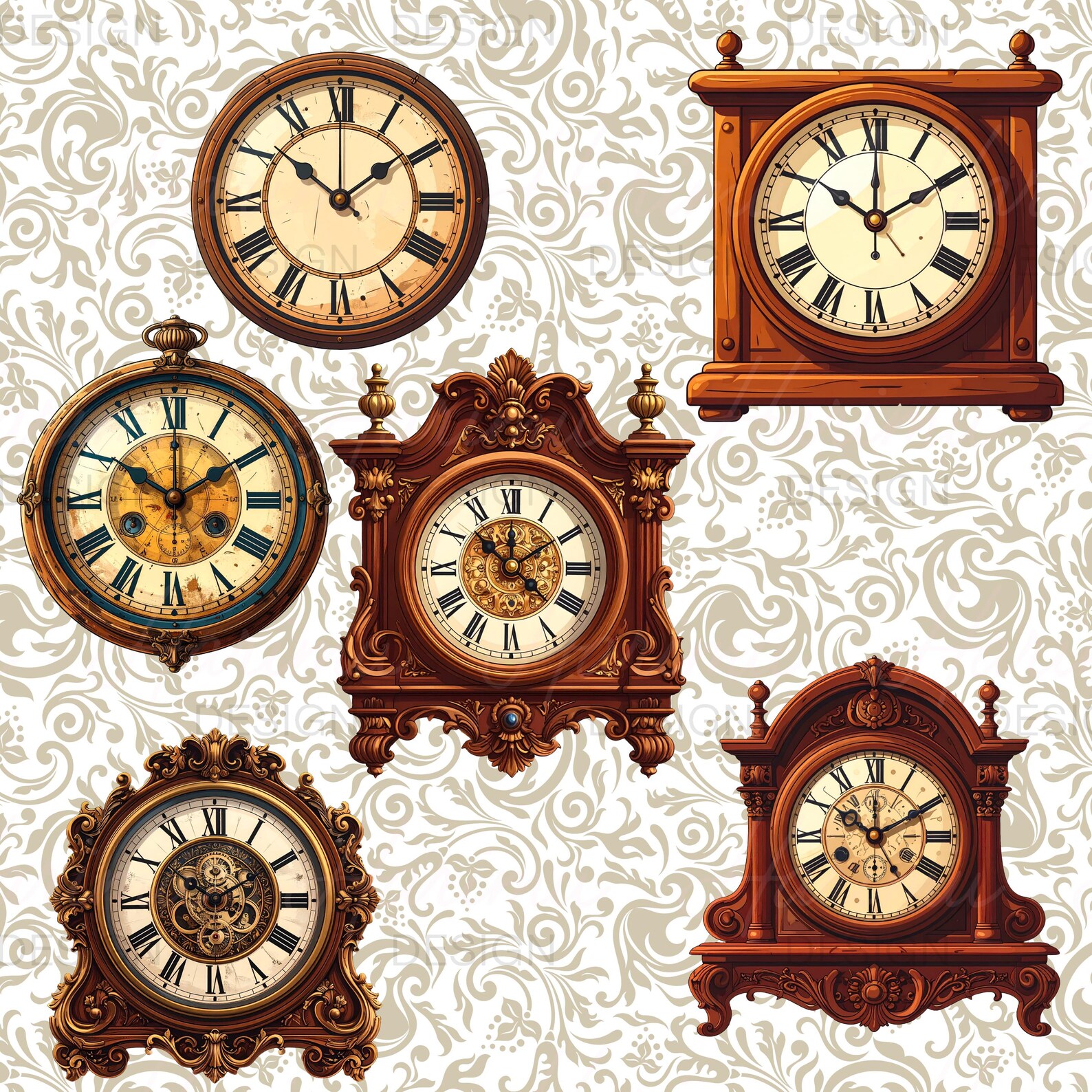 Vintage Clock Clipart Set, Antique Mantel Clocks PNG, Roman Numeral ...