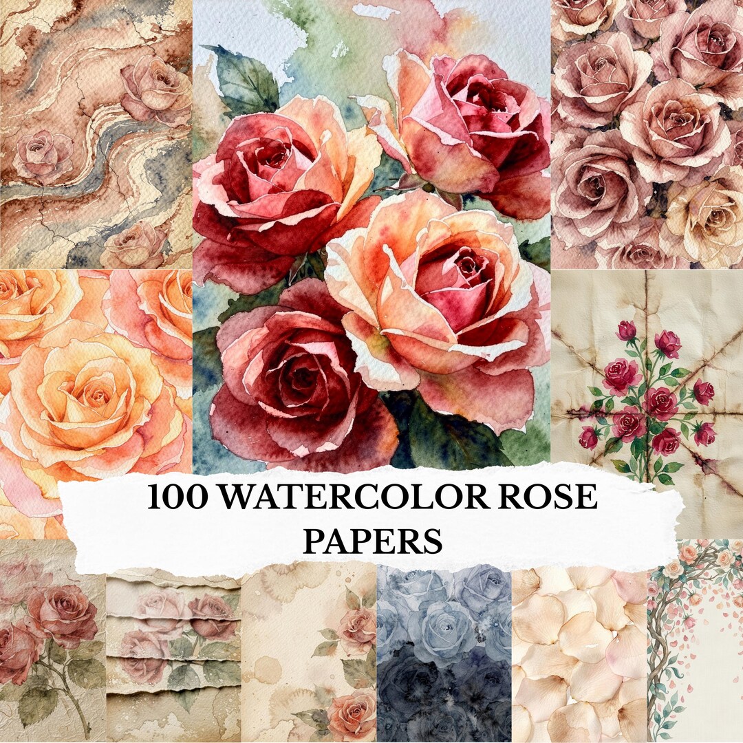 Rustic Roses Paper 100 Watercolor Rose Papers Aged Vintage Junk Journal Backgrounds ...