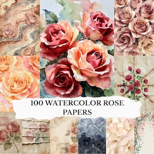 Peut inclure: Une collection de 100 papiers de roses à l'aquarelle. L'image présente divers motifs de roses dans des tons de rouge, de rose et de pêche. Certains papiers présentent des fleurs complètes, d'autres des motifs et des textures. Le texte "100 WATERCOLOR ROSE PAPERS" est affiché.