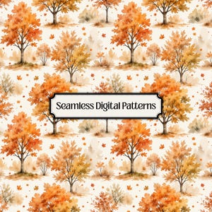 May include: A seamless digital pattern featuring watercolour autumn trees with orange and yellow foliage against a cream background. Scattered maple leaves are visible throughout the design. A central rectangular label displays the text Seamless Digital Patterns.