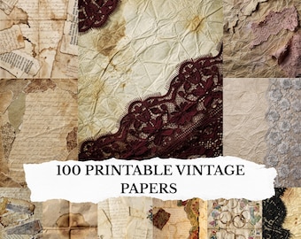 100 Vintage Printable Papers Bundle, Coffee Stained Lace Ephemera, Junk Journal Pages, Antique Scrapbook Paper Pack 2:3 Ratio 3600x5400 JPG