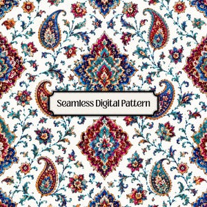 Op de afbeelding: Een naadloos digitaal patroon met ingewikkelde paisley-motieven en sierlijke bloemenmedaillons in tinten dieprood, koningsblauw en taling op een witte achtergrond. Een centraal rechthoekig label toont de tekst Seamless Digital Pattern.