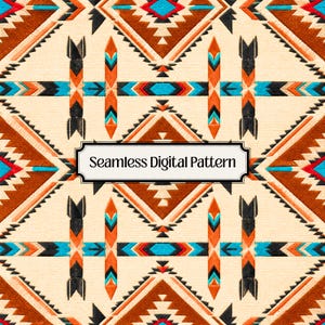 May include: A seamless digital pattern featuring a repeating geometric design in cream, brown, orange, black, and bright blue. The graphic includes diamond shapes, arrow-like motifs, and horizontal lines. The text Seamless Digital Pattern is centred.