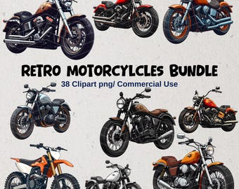 38 Retro Motorcycle Clipart Bundle : Vintage Motorbikes PNG, Classic Biker Clipart