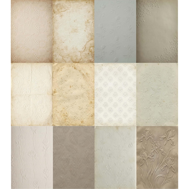 May include: A collection of twelve textured paper sheets with embossed designs. The papers feature various patterns, including floral, geometric, and abstract motifs. Colors range from cream and beige to light gray and brown, with some sheets showing aged effects.