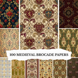 May include: A selection of medieval brocade papers featuring diverse patterns. The designs incorporate floral motifs, heraldic shields, and elaborate scrollwork in colours such as navy, red, gold, and green. The text "100 MEDIEVAL BROCADE PAPERS" is visible.
