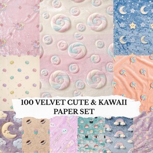 100 Cute & Kawaii Velvet Digital Paper Set Scrapbook, Junk Journal, Glitter, Flat Patterns, Printable 2:3, JPG, Instant Download