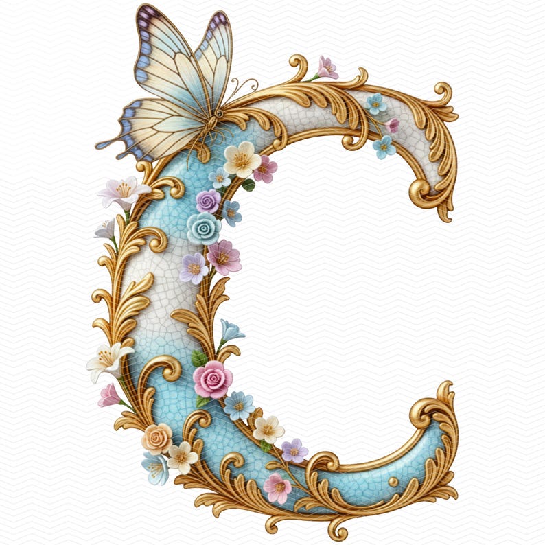 Ornamental baroque alphabet letters A to Z, luxury vintage monogram initials with gold accents and floral details, high-resolution 4096×4096 transparent PNG decorative typography for wedding invitations, elegant branding, wall art, planners, scrapbooking, stickers, and premium printable designs.