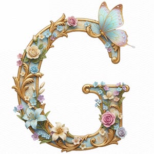 Ornamental baroque alphabet letters A to Z, luxury vintage monogram initials with gold accents and floral details, high-resolution 4096×4096 transparent PNG decorative typography for wedding invitations, elegant branding, wall art, planners, scrapbooking, stickers, and premium printable designs.