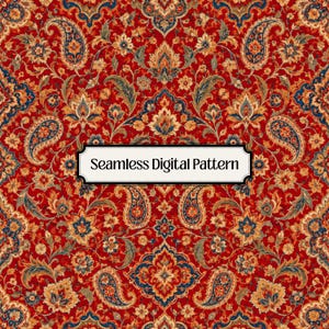 May include: A seamless digital pattern featuring an intricate paisley and floral design in shades of deep red, navy blue, and gold. A central white rectangular label with a black border displays the text Seamless Digital Pattern.
