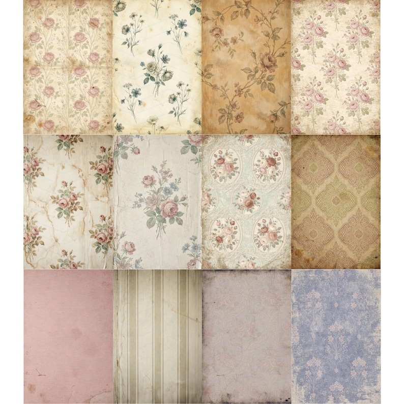 Puede incluir: Una colecci&oacute;n de doce hojas de papel de estilo vintage con varios dise&ntilde;os florales y estampados. Los papeles presentan rosas, ramos y patrones de damasco en colores suaves como el rosa, el beige y el azul. La apariencia envejecida sugiere un tema de &aacute;lbum de recortes o papel artesanal.