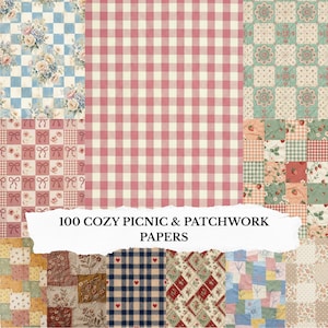 以下が含まれることがあります： ギンガムチェック、花柄、パッチワークなど、さまざまなデザインの柄入り紙のコレクション。赤、青、クリーム色の配色です。画像には「100 Cozy Picnic & Patchwork Papers」と書かれています。
