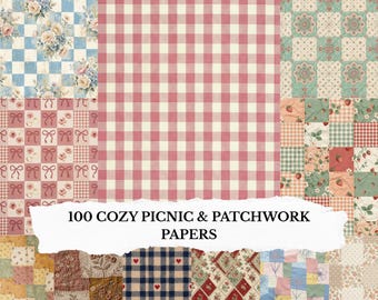 100 Digital Scrapbooking Papers – Picnic, Patchwork, Textile Backgrounds for Junk Journals & Crafts