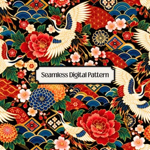 Può includere: Un motivo digitale senza cuciture con gru bianche con accenti blu e rossi, grandi crisantemi rossi e arancioni, fiori di ciliegio rosa e motivi a onde blu su sfondo nero. Il testo Seamless Digital Pattern è centrato al centro.