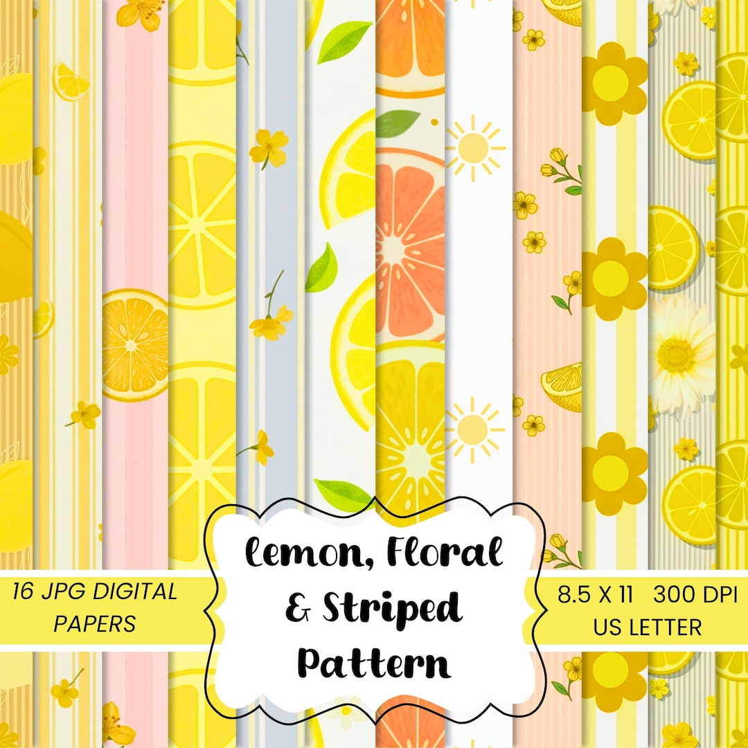 Lemon Floral Striped Digital Paper Pack, 16 Printable Scrapbook Pages ...