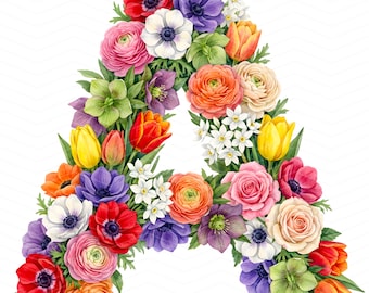Floral Alphabet Letters A–Z PNG: Botanical Flower Letter, Anemone Ranunculus Tulip Rose Floral Alphabet,  Commercial Use