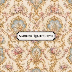 May include: A seamless digital pattern featuring a cream background with ornate gold scrollwork frames, blue accents, and clusters of pink, purple, and white flowers. A central rectangular label displays the text Seamless Digital Patterns.