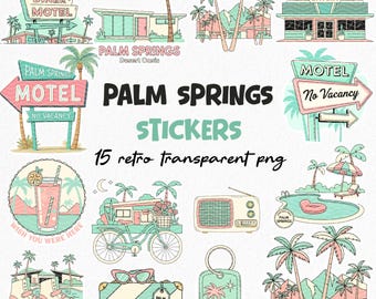 Retro Palm Springs Aufkleber PNG Set: 15 Vintage Reise Aufkleber, 50er Jahre Retro California Ästhetisch
