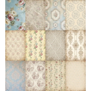 Puede incluir: Un collage de papeles estampados de estilo vintage. Los dise&ntilde;os incluyen patrones florales, damasco y toile en colores suaves como el azul, el amarillo y el crema. Los papeles tienen una apariencia envejecida y desgastada.